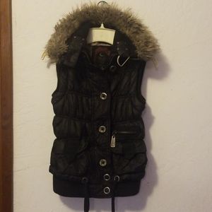 C. Luce Black Puffy Vest with Faux Fur Detail